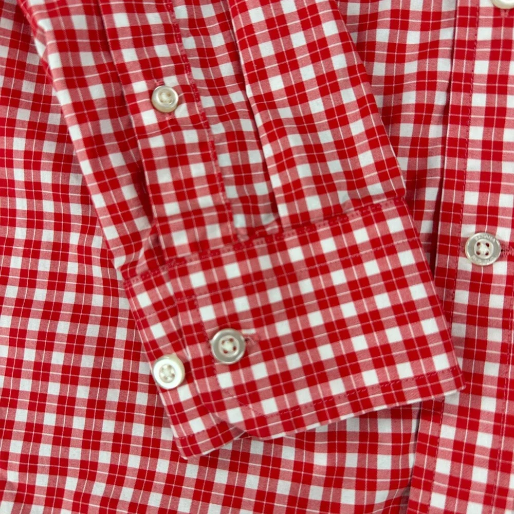 Banana Republic Button Down Mens M Red Gingham Slim Flex Fit Tech Stretch Cotton